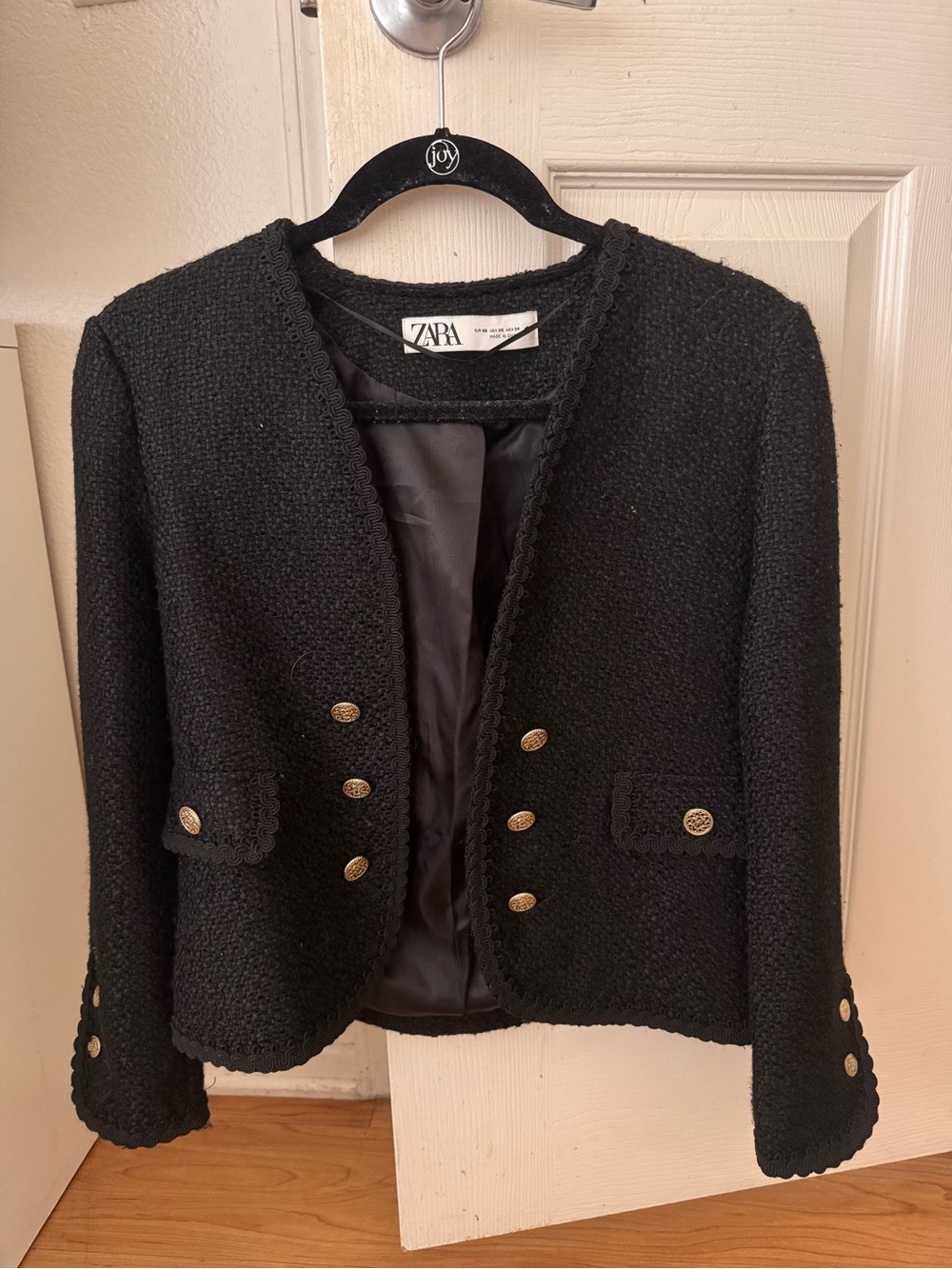 Zara Black Bouclé Collarless Jacket with Gold Buttons